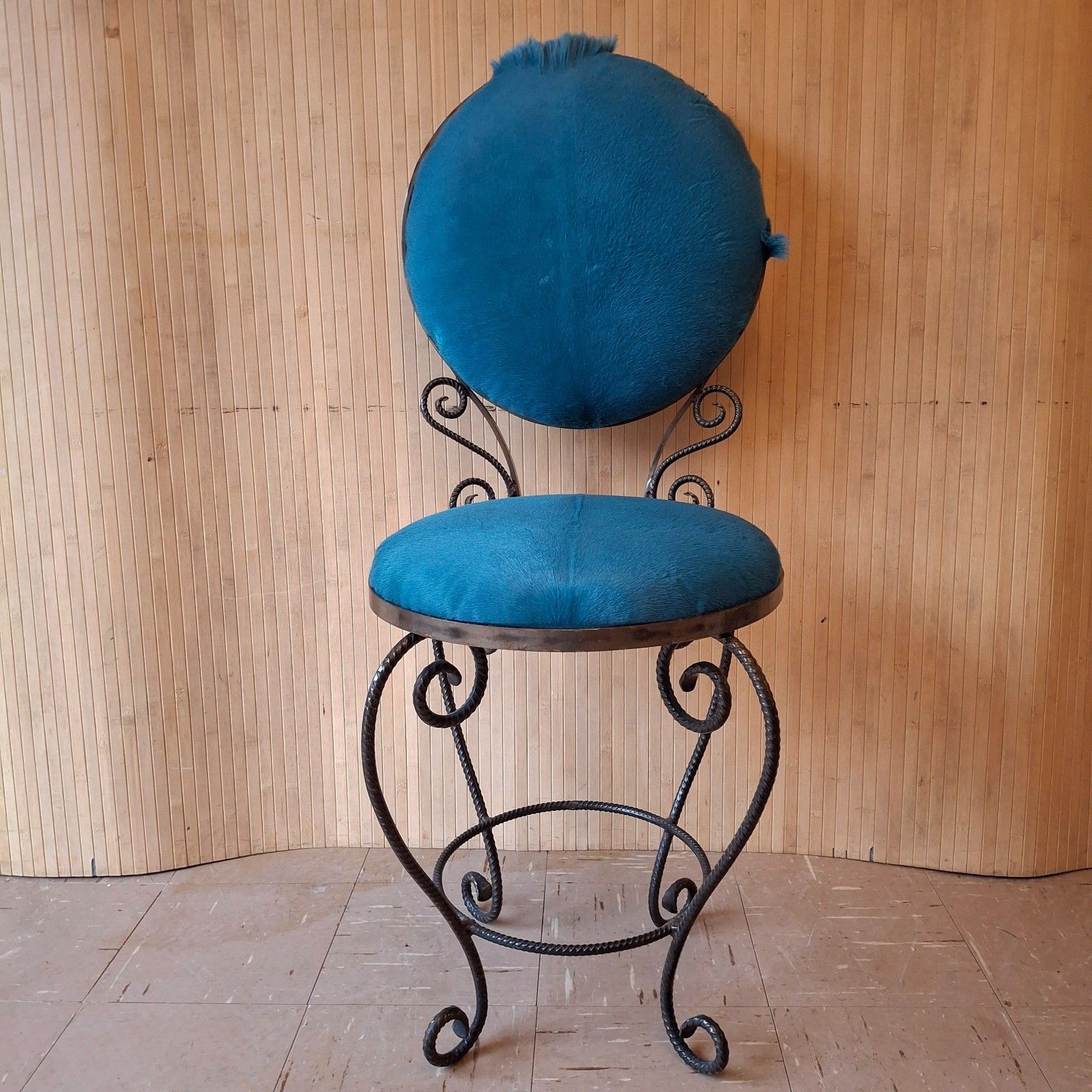 Fab Vintage Retro Dark Turquoise Blue Goatskin & Wool Boudoir Chair Iron Frame