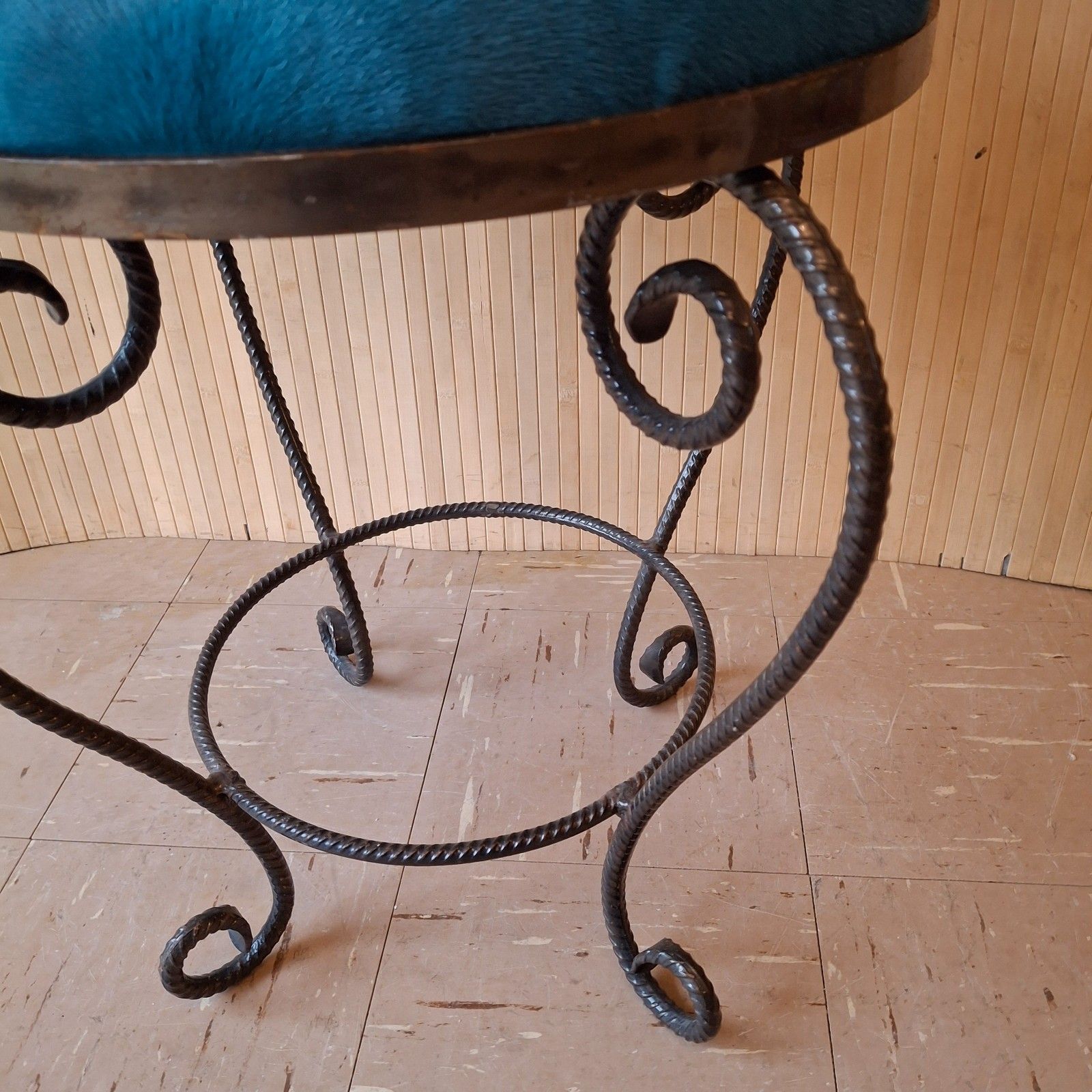 Fab Vintage Retro Dark Turquoise Blue Goatskin & Wool Boudoir Chair Iron Frame photo vintage