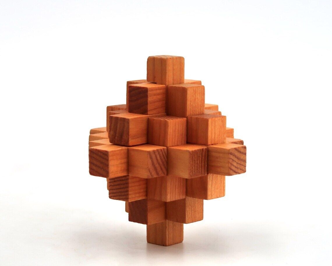 French Sculptural Wooden Puzzle By Arjeu 1970s  Wood Sculpture Paperweight Modernist France Home Decor photo for sale