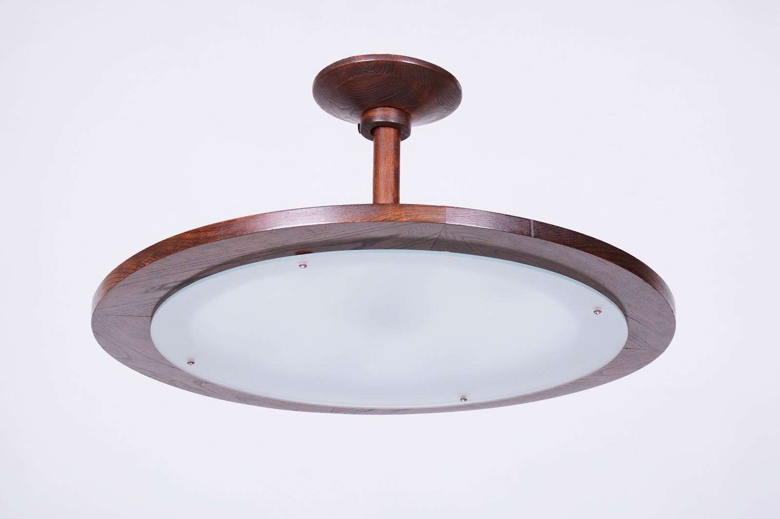 Restored Mid Century Ceilig Lamp, Oak, Frosted Glass, Czech, 1950s