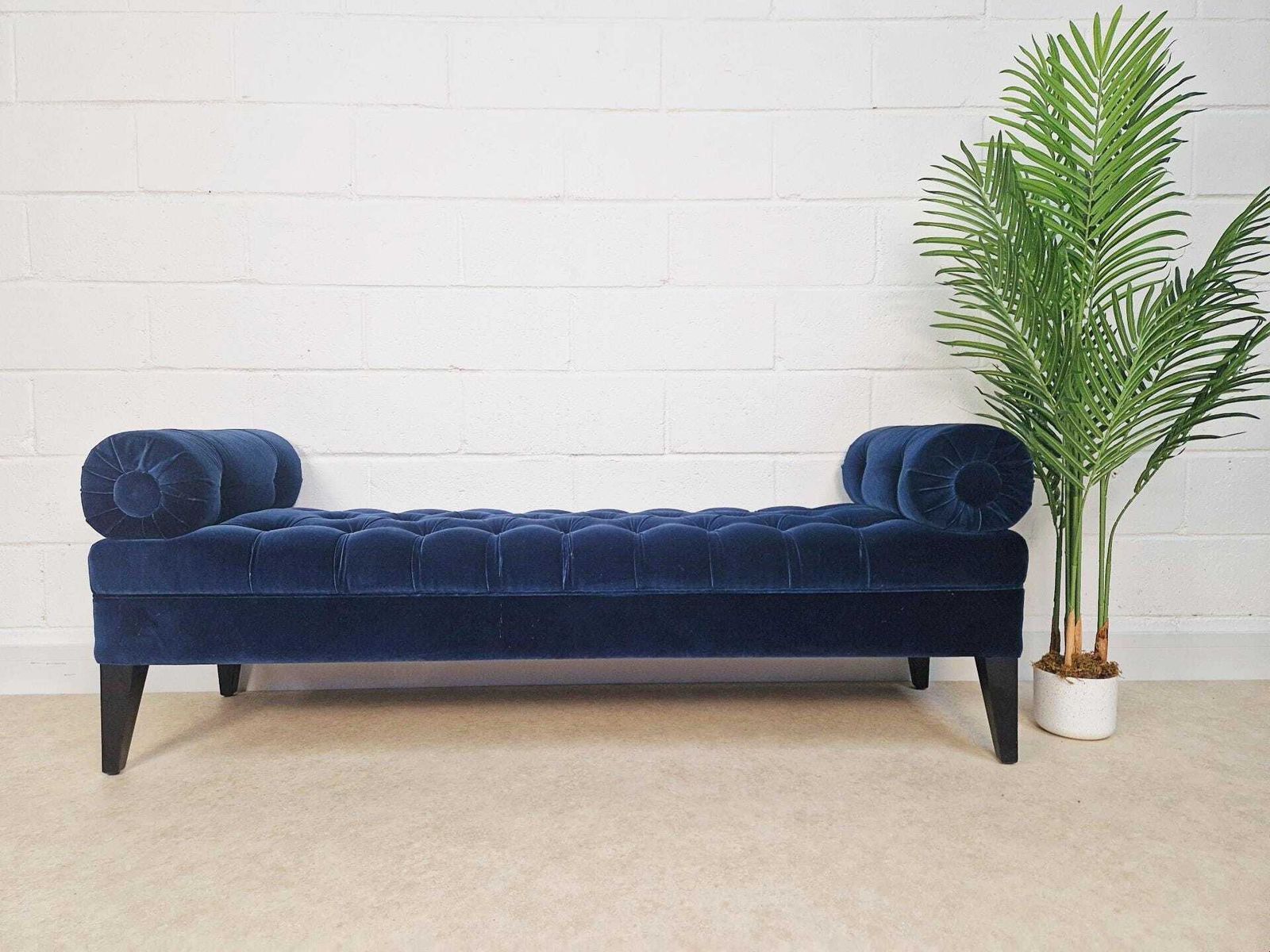 Vintage Mid Century Art Deco Inspired Velvet & Ebonised Teak Long Window Seat Sofa Pg040