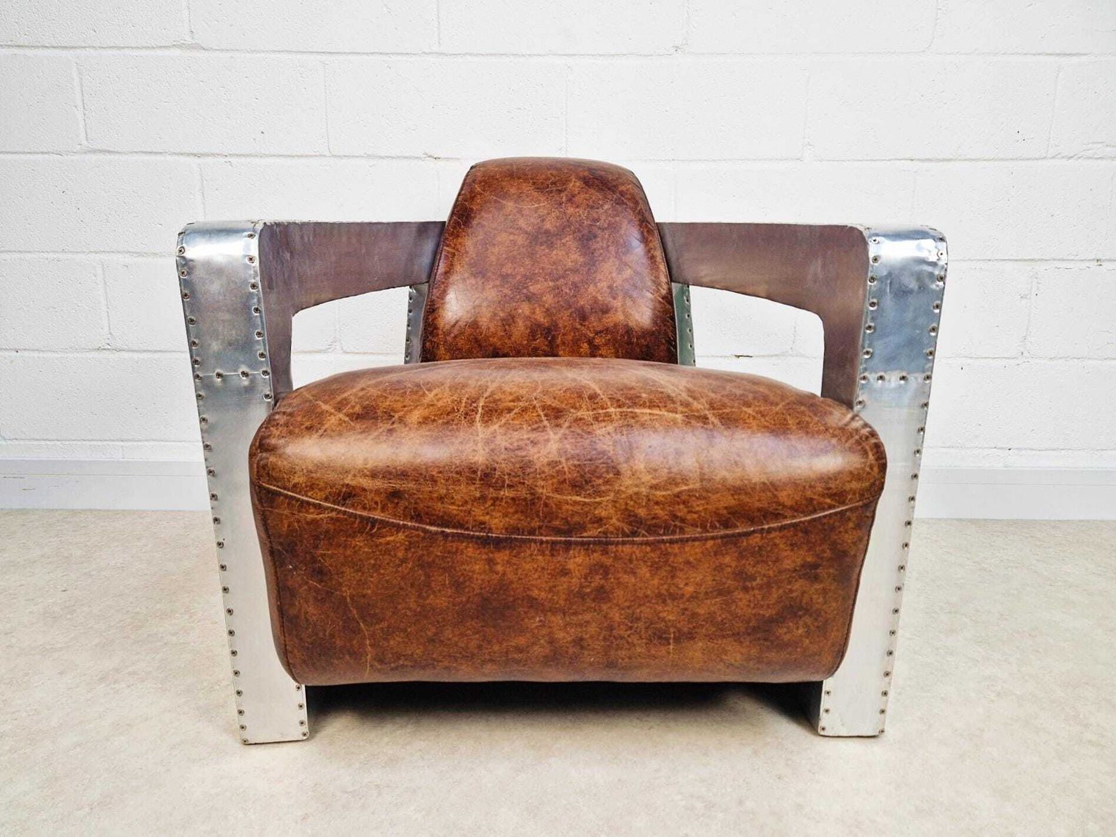 Vintage Mid Century Aluminium & Chesnut Leather Aviator Lounge Accent Armchair Pg050 photo furniture