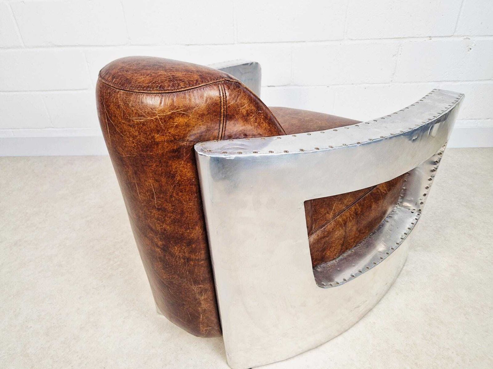 Vintage Mid Century Aluminium & Chesnut Leather Aviator Lounge Accent Armchair Pg050 photo vinterior