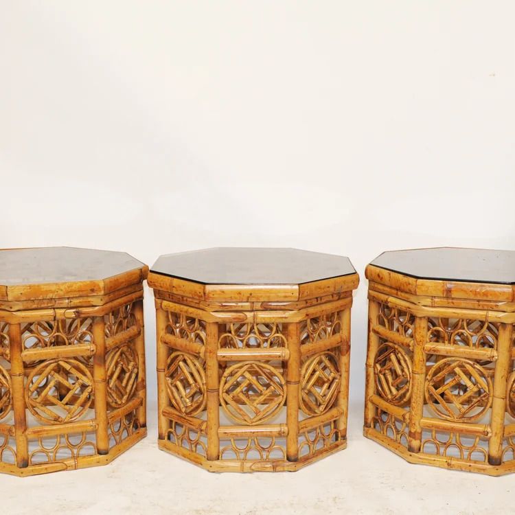 Hexagonal Bamboo Side Tables With Smoked Glass Top  1970s  Set Of 3 photo furniture