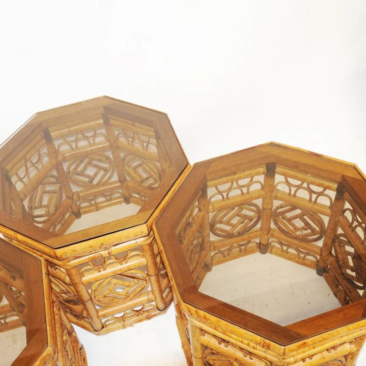 Hexagonal Bamboo Side Tables With Smoked Glass Top  1970s  Set Of 3 photo vinterior