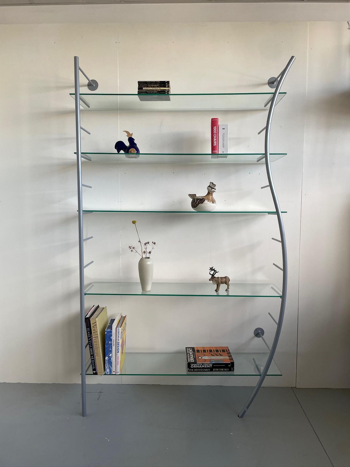 Vintage Heals Shelving By Aero 90s Postmodern Glass And Wavy Metal Bookcase