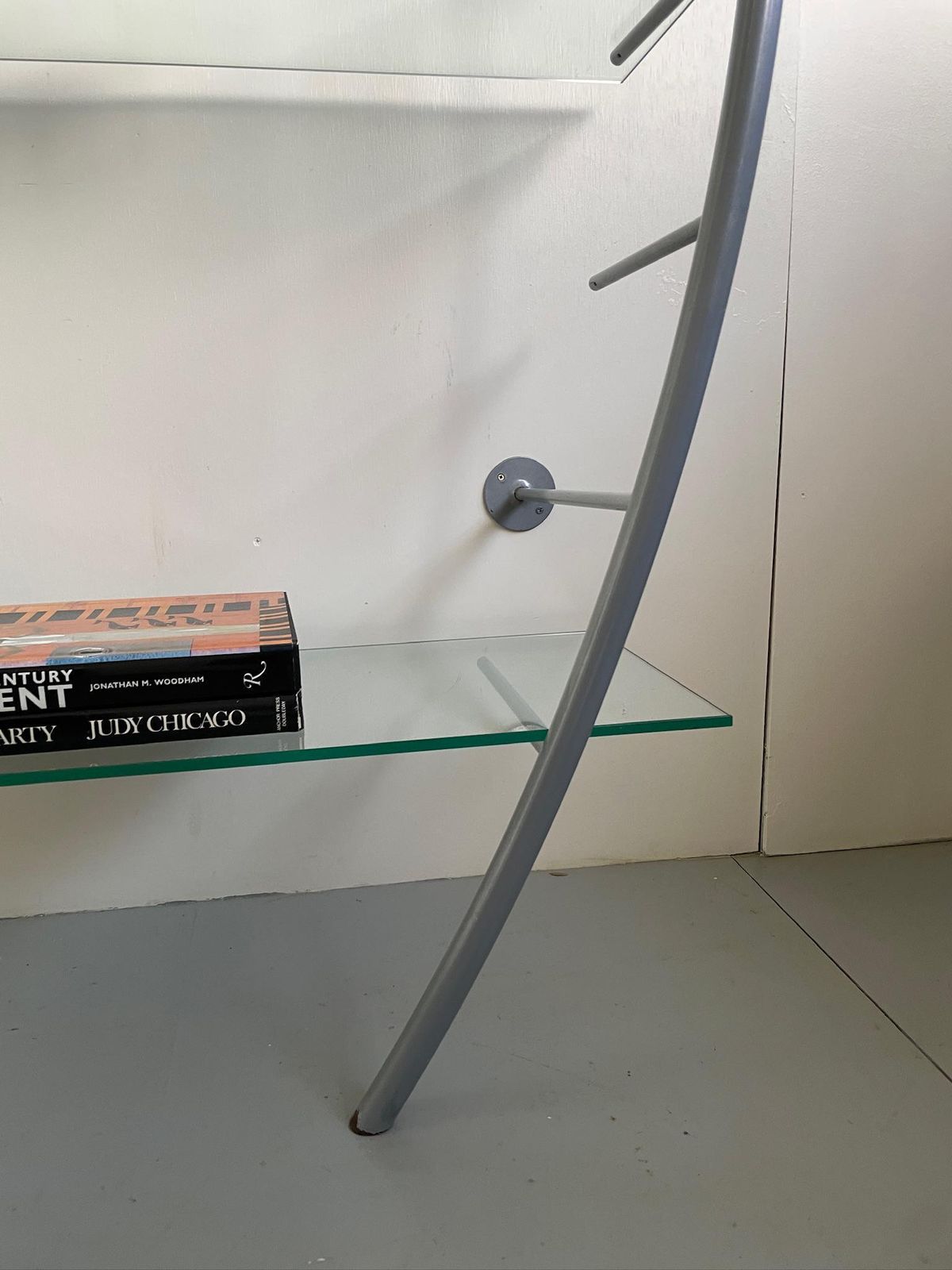 Vintage Heals Shelving By Aero 90s Postmodern Glass And Wavy Metal Bookcase photo for sale
