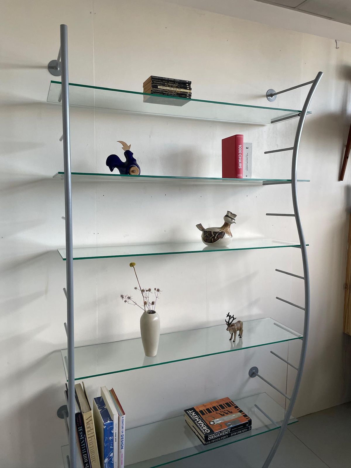 Vintage Heals Shelving By Aero 90s Postmodern Glass And Wavy Metal Bookcase photo vinterior