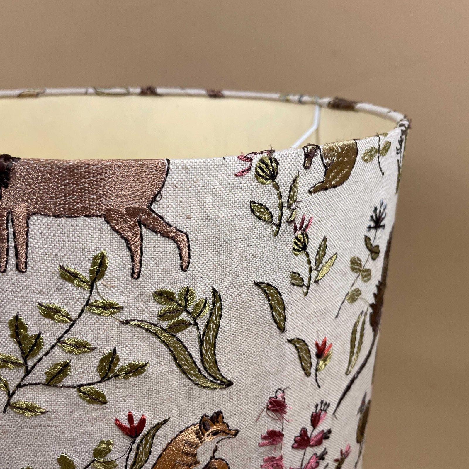 Designer Linen Bramble Wood Fabric Animal Lamp Shade Lampshade Drum Ceiling Large Lamp Shade Animals Voyage Maison Woodland Embroidered photo 105.0