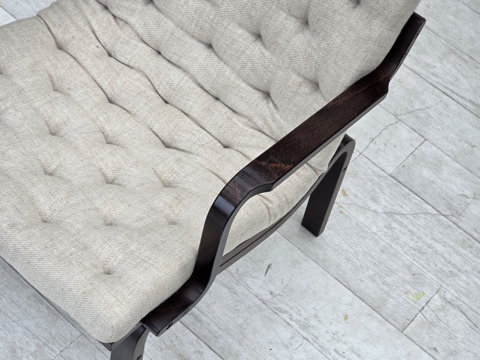 photo for sale 1970s, Scandinavian Armchair, Furniture Wool, Dark Beech Wood.