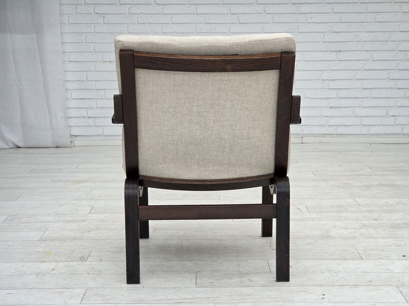 photo buy 1970s, Scandinavian Armchair, Furniture Wool, Dark Beech Wood.