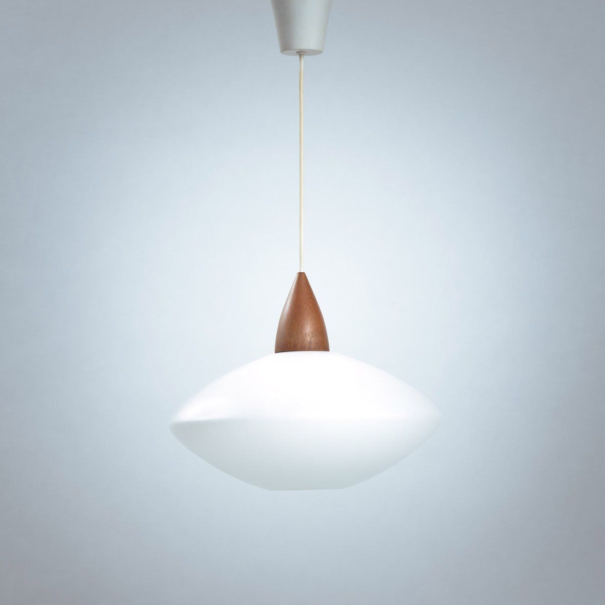 White Opaline Teak Pendant Light By Uno & östen Kristiansson For Luxus, Sweden, 1950s photo furniture