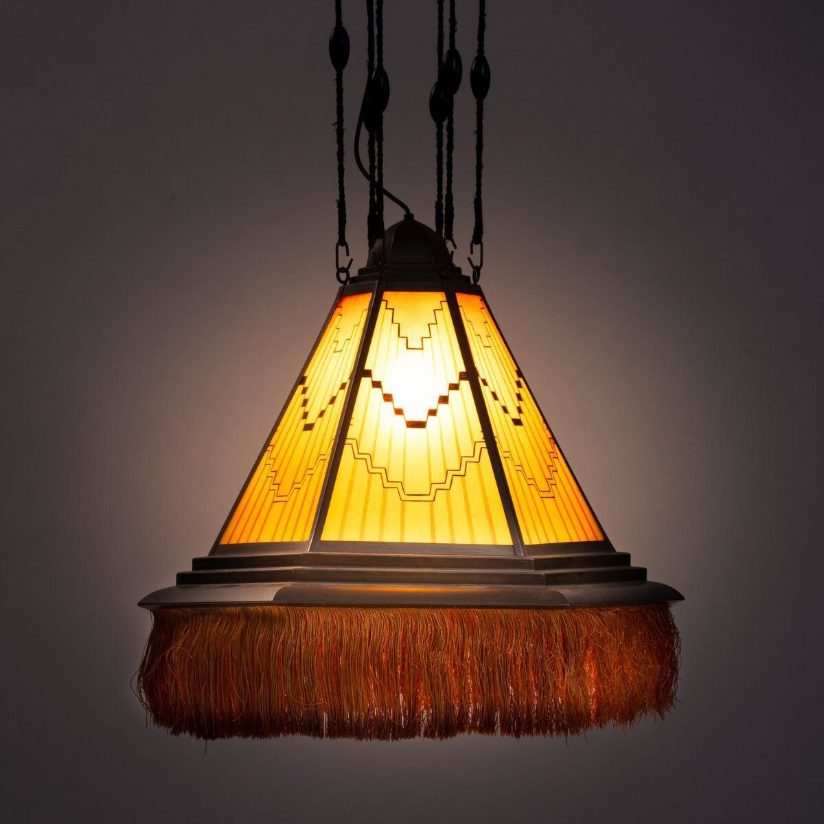 Art Deco Amsterdam School Painted Glass Chandelier, The Netherlands, 1930s photo Lighting