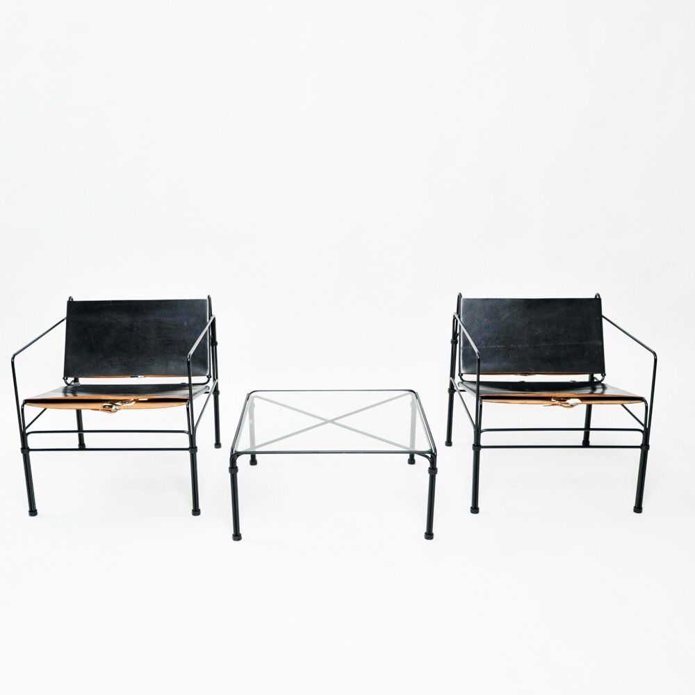 Dutch Modernist Black Leather And Steel Bar Lounge Set By Jan Van Opzeeland, Netherlands, 1980s, Set Of 3 photo furniture