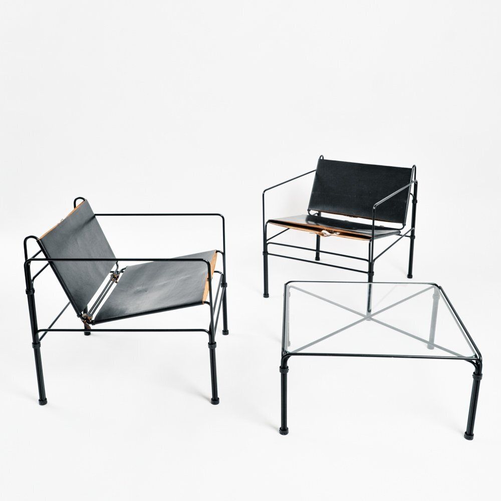 Dutch Modernist Black Leather And Steel Bar Lounge Set By Jan Van Opzeeland, Netherlands, 1980s, Set Of 3 photo Furniture