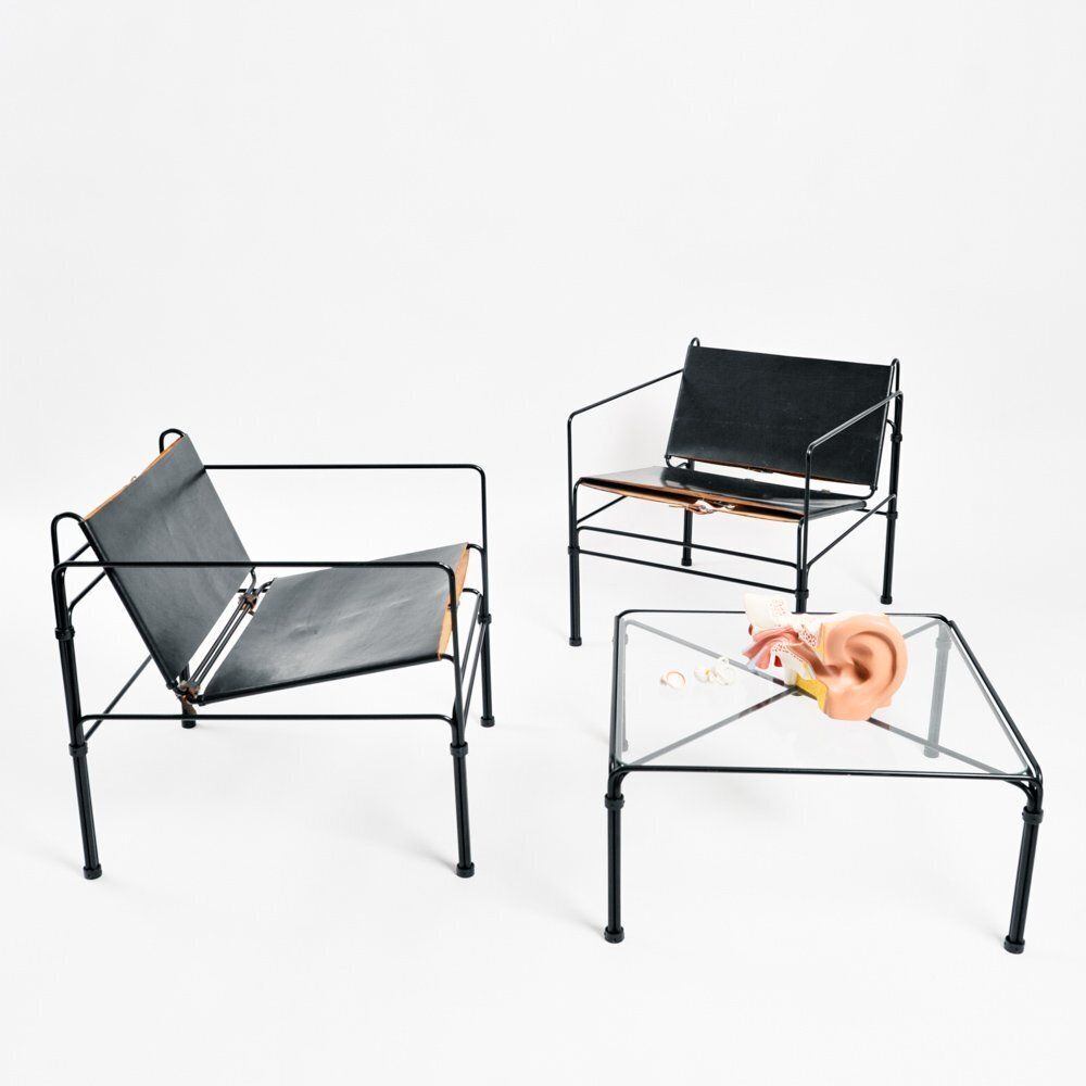 Dutch Modernist Black Leather And Steel Bar Lounge Set By Jan Van Opzeeland, Netherlands, 1980s, Set Of 3 photo 10741.0