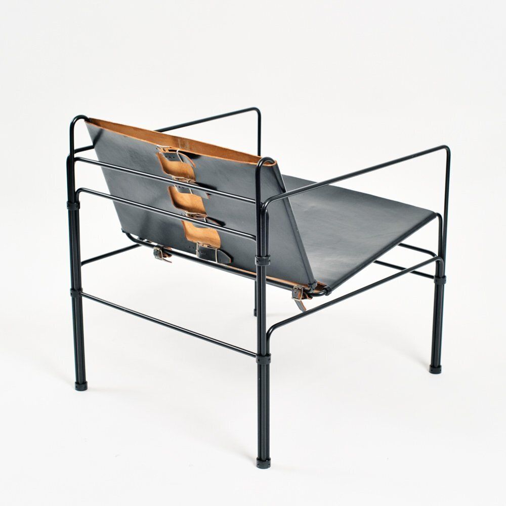 Dutch Modernist Black Leather And Steel Bar Lounge Set By Jan Van Opzeeland, Netherlands, 1980s, Set Of 3 photo vinterior