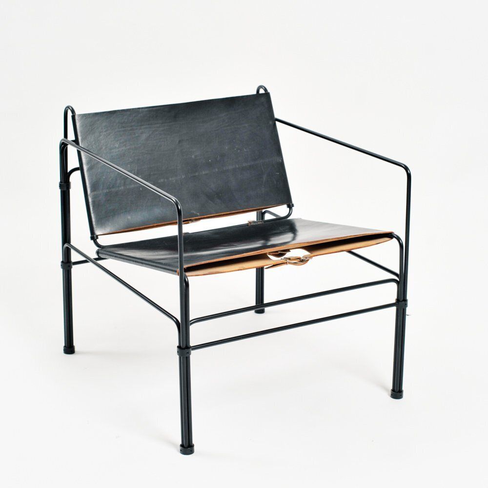 Dutch Modernist Black Leather And Steel Bar Lounge Set By Jan Van Opzeeland, Netherlands, 1980s, Set Of 3 photo vintage