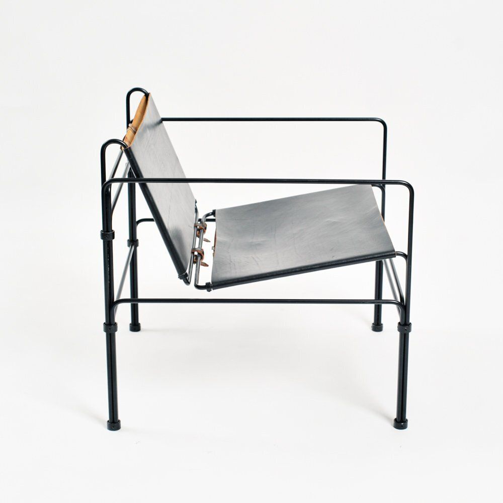 Furniture Dutch Modernist Black Leather And Steel Bar Lounge Set By Jan Van Opzeeland, Netherlands, 1980s, Set Of 3 photo