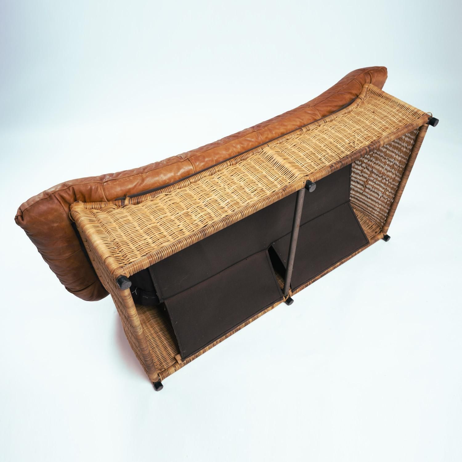 Furniture Gerard Van Den Berg Rattan Leather Double Sofa For Montis, The Netherlands 1970s photo