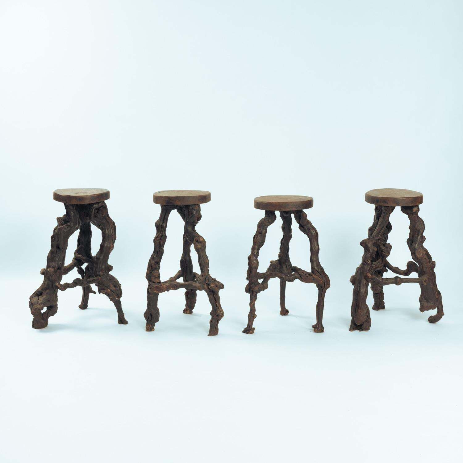 4 Handcrafted Brutalist Tripod Vine Wood And Oak Barstools, France, 1950s photo furniture