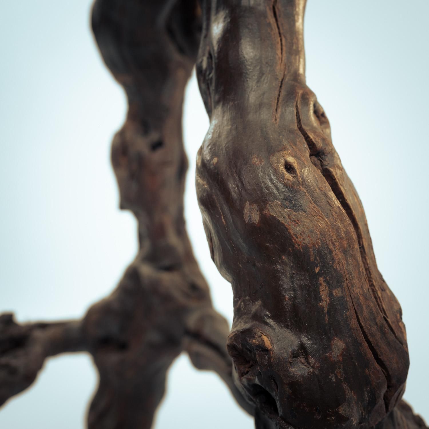 photo for sale 4 Handcrafted Brutalist Tripod Vine Wood And Oak Barstools, France, 1950s