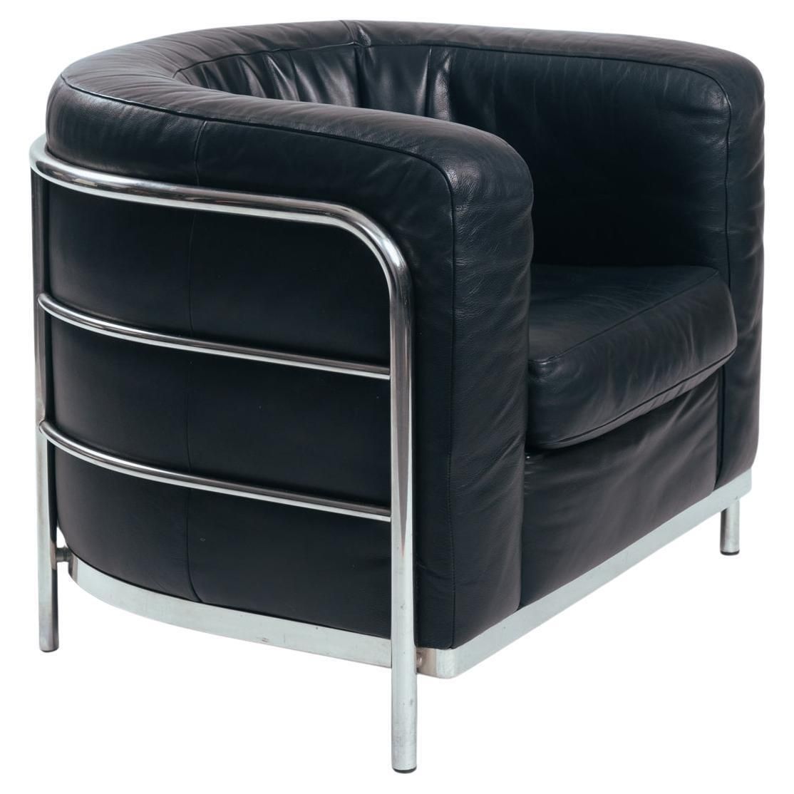 Zanotta Onda Black Round Leather Chrome Tubular Lounge Chair, Italy 1980s