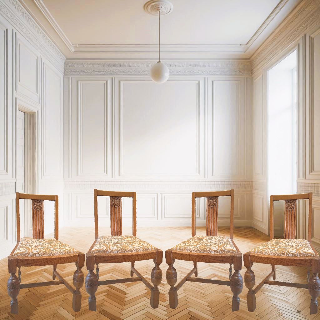 Set Of Four Mid Century Oak Dining Chairs – Handcrafted, Newly Restored, With Unique Mark Hearld Upholstery