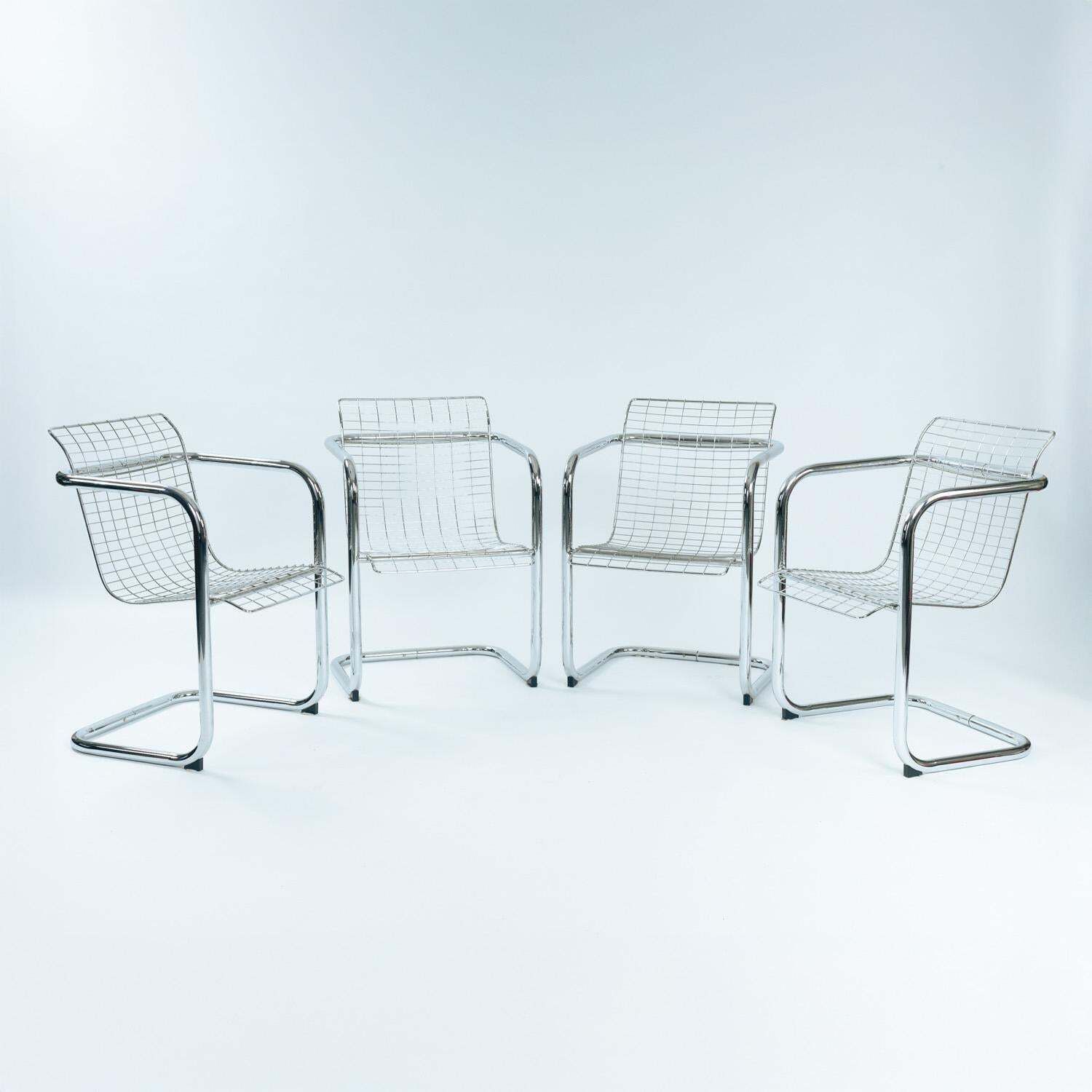 photo for sale Set Of 4 Vintage Italian Wire Chairs, Chrome & Metallic Thread, 1974