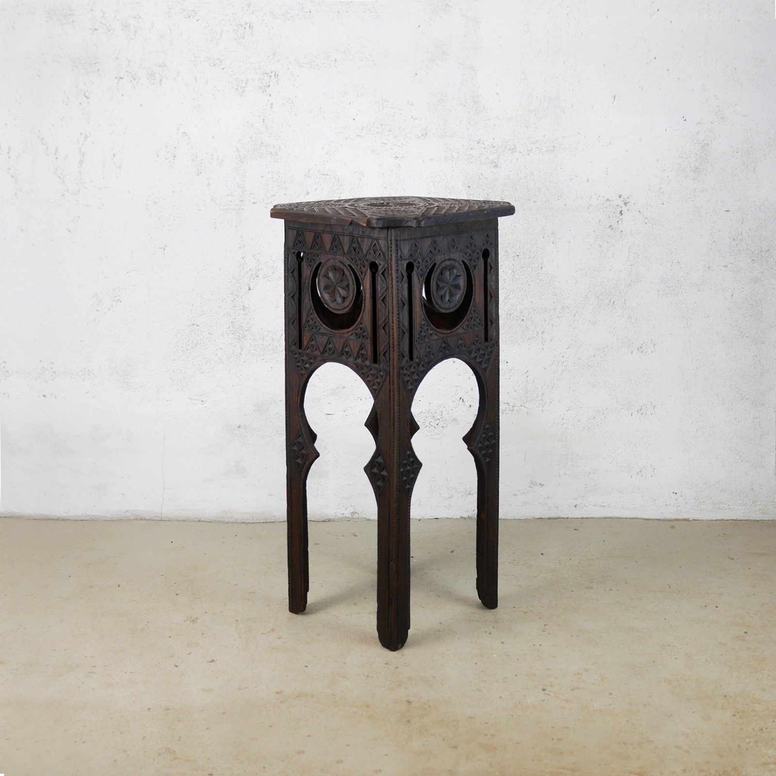 Antique Arts & Crafts Carved Moorish Hard Dark Wood Lamp Side Table #103111 photo for sale