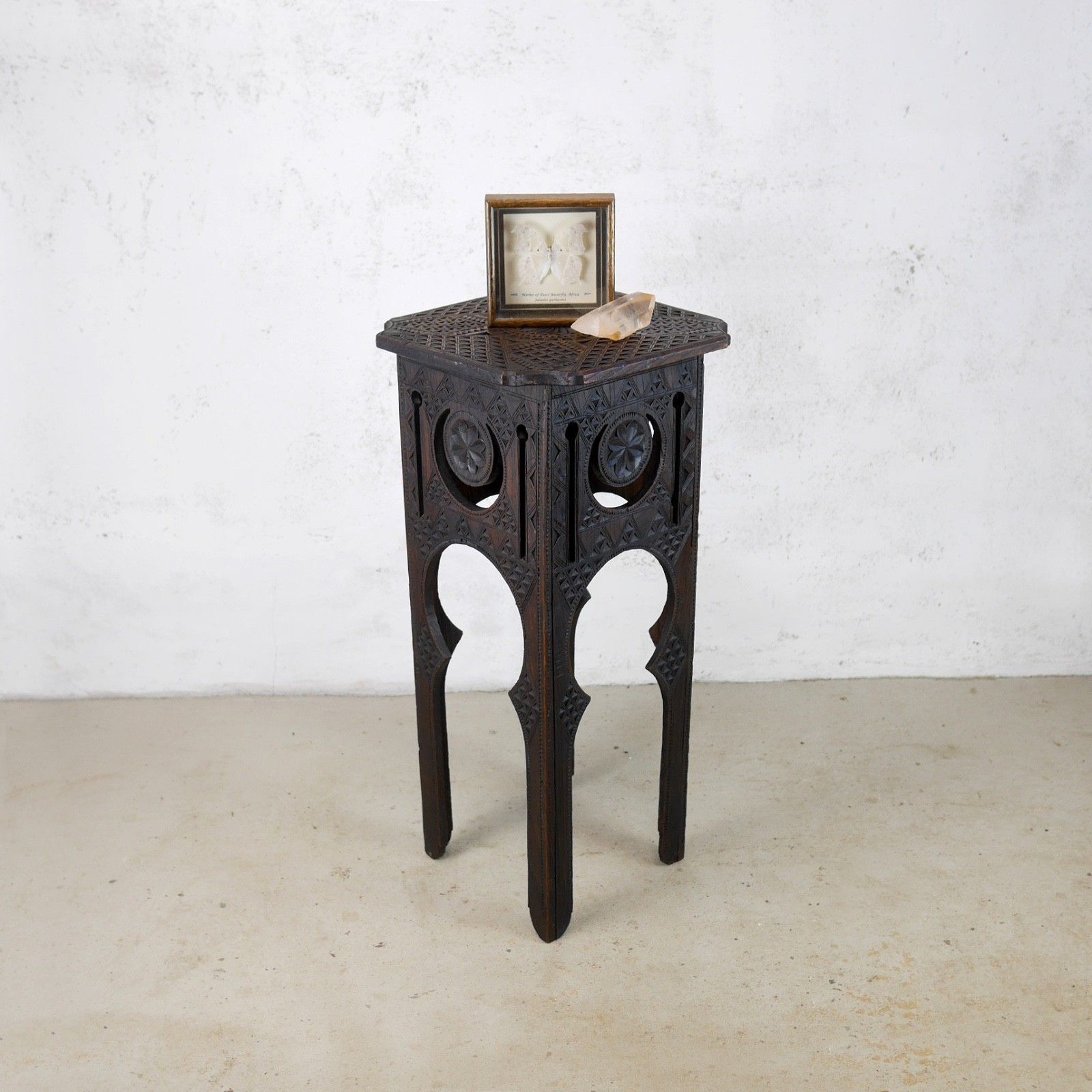 Antique Arts & Crafts Carved Moorish Hard Dark Wood Lamp Side Table #103111 photo Furniture