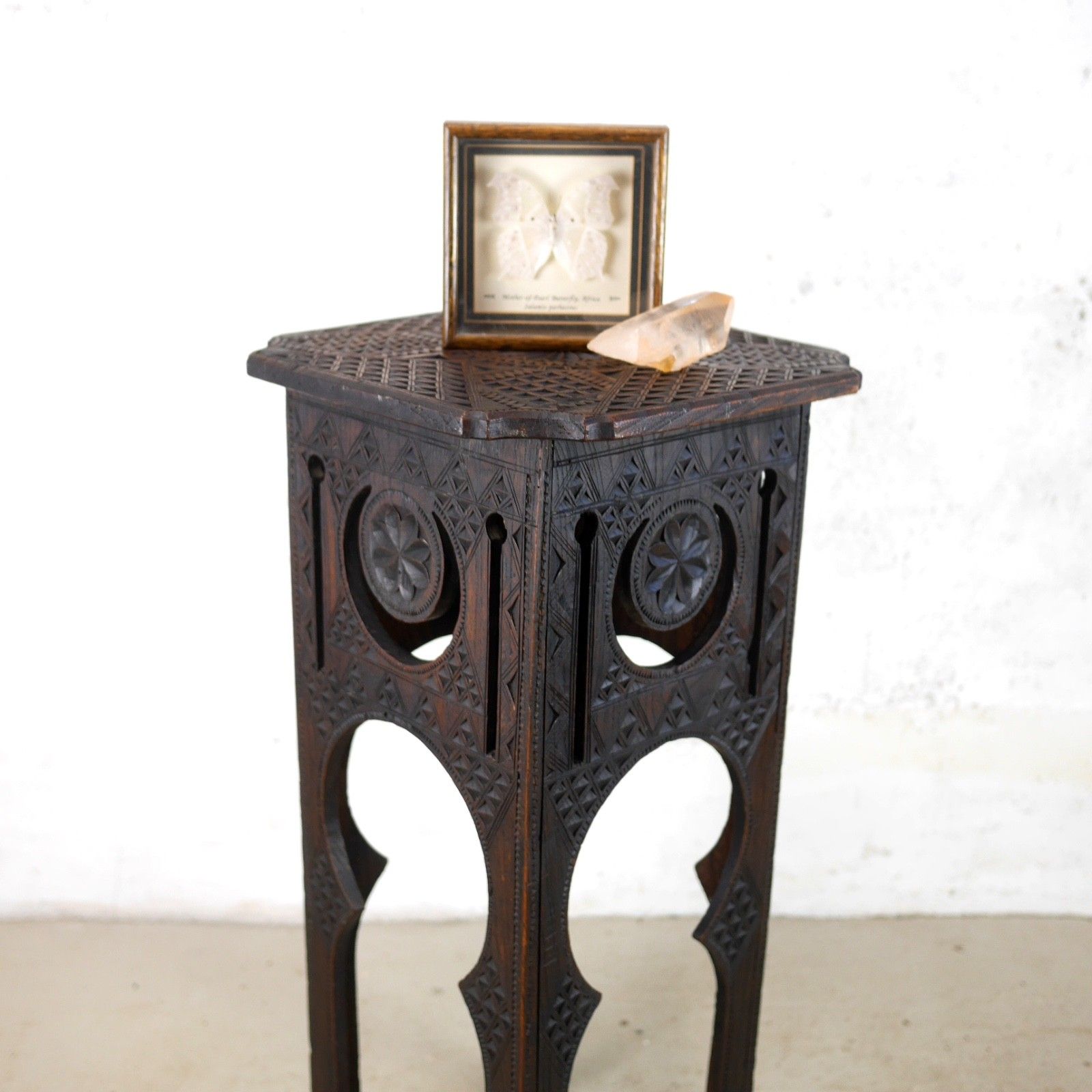 photo for sale Antique Arts & Crafts Carved Moorish Hard Dark Wood Lamp Side Table #103111