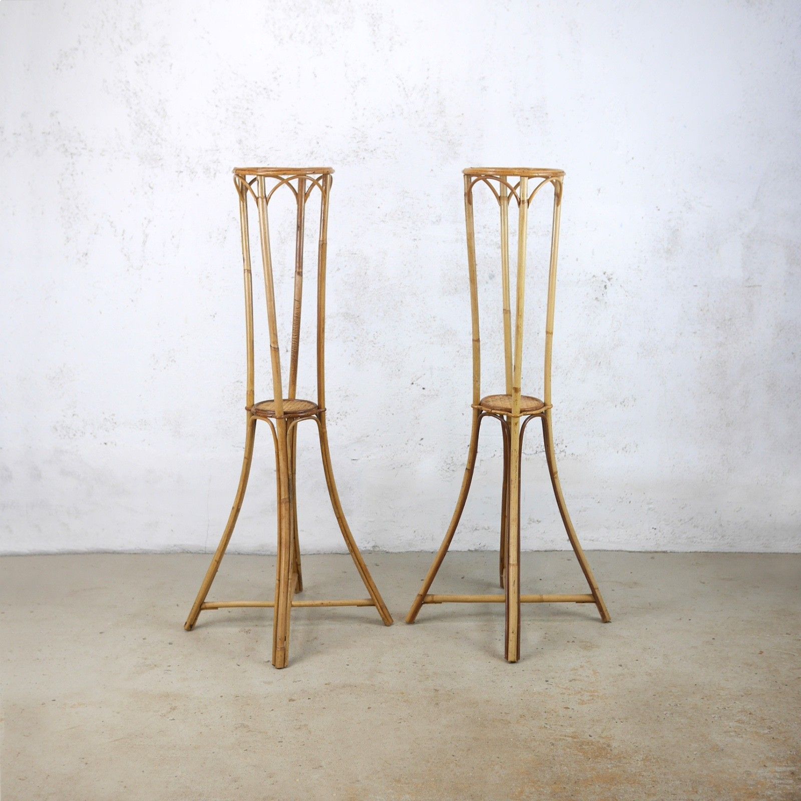 Pair Vintage Tall Bamboo Cane Rattan Plant Stands Jardiniere #103108 photo furniture