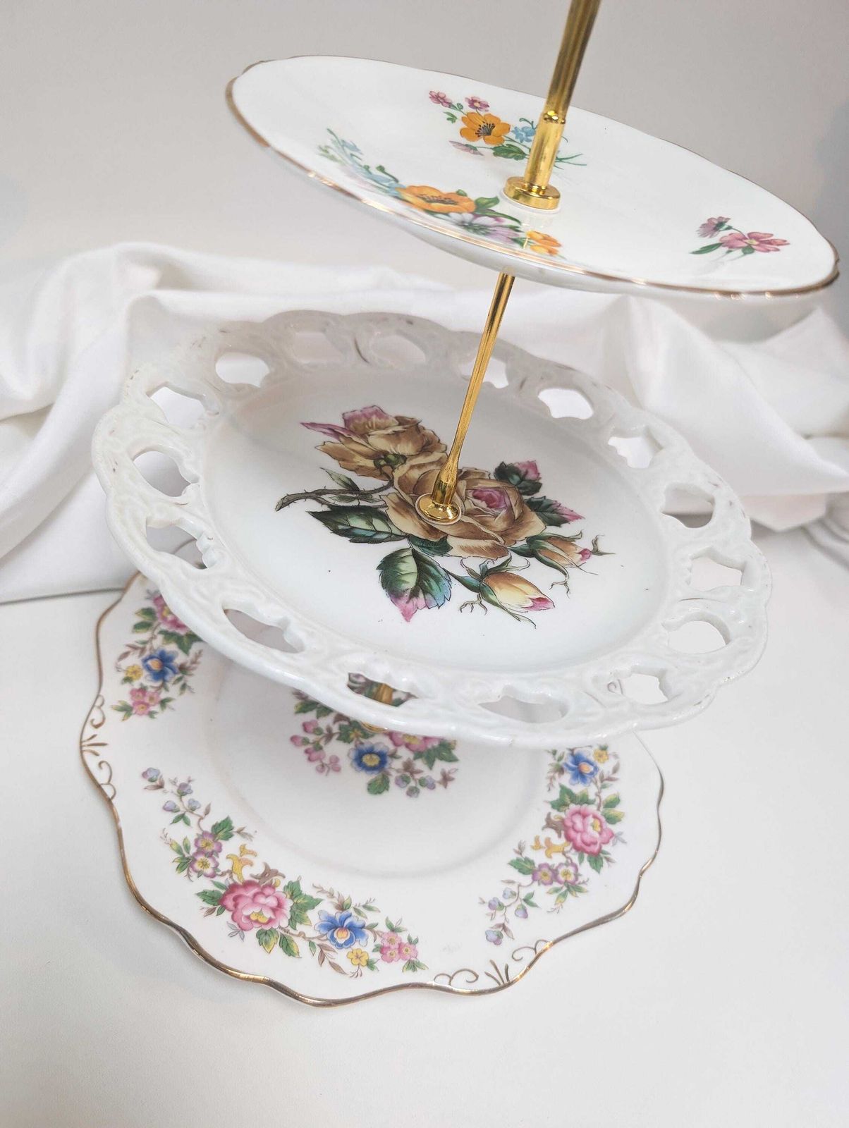 Beautiful Elegant Vintage 3 Tier Cake Stand. Bone China, Bridgerton Style. Made In England photo furniture