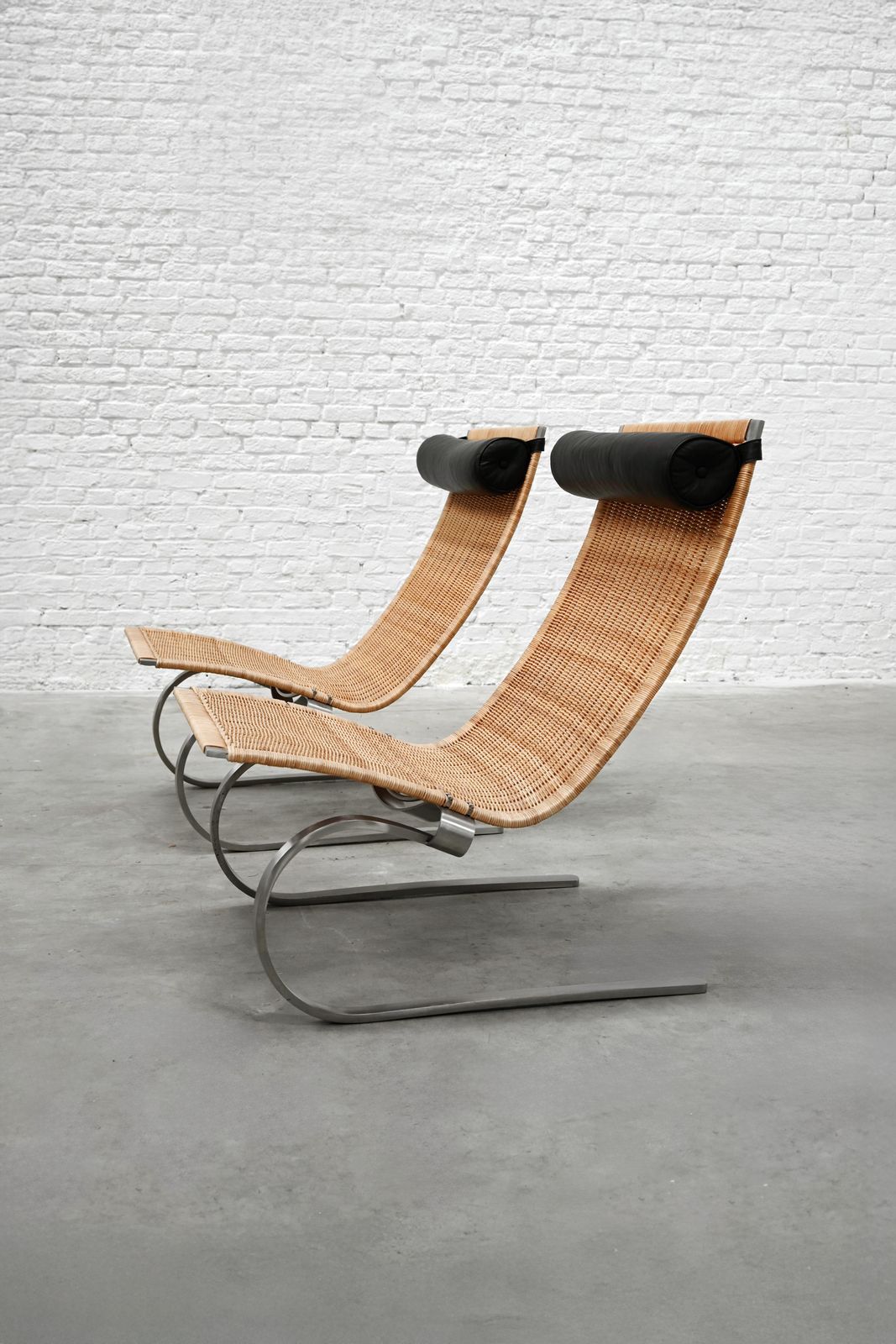 Poul Kjaerholm Pk20 Cantiliver Stainless Steel, Cane And Leather Lounge Chairs photo for sale