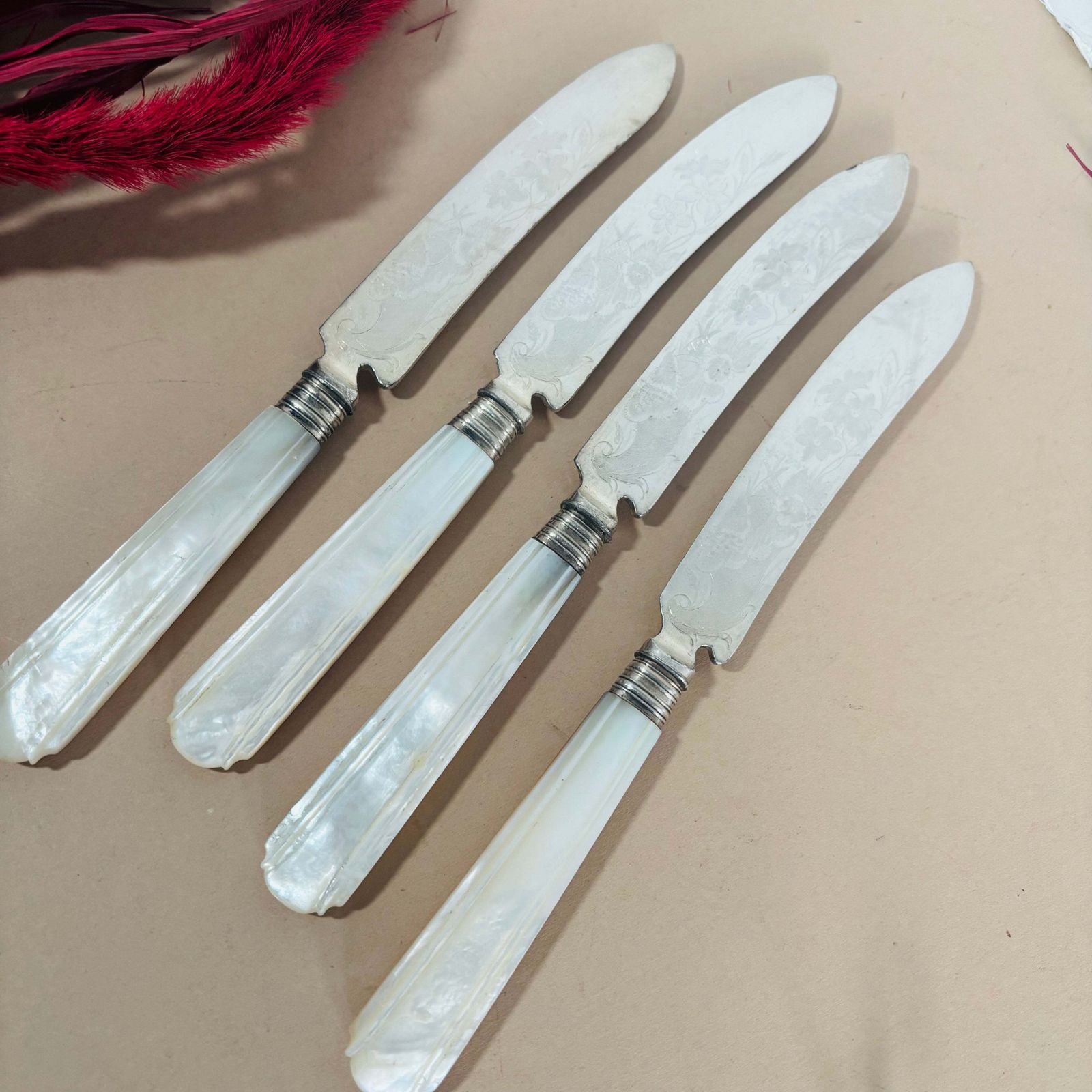 Antique Engraved Knife With Mother Of Pearl photo Home Decor