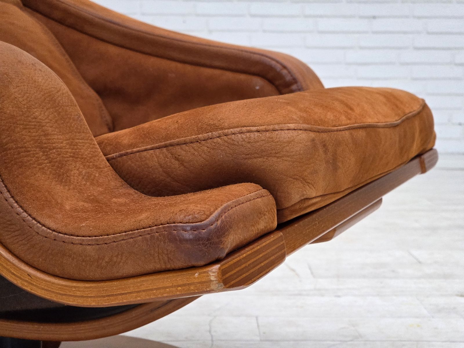 1980s, Swedish Swivel Armchair, Nubuck Leather, Canvas, Bent Beech Wood. photo buy