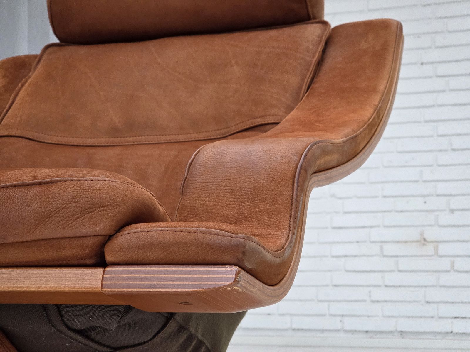 photo for sale 1980s, Swedish Swivel Armchair, Nubuck Leather, Canvas, Bent Beech Wood.