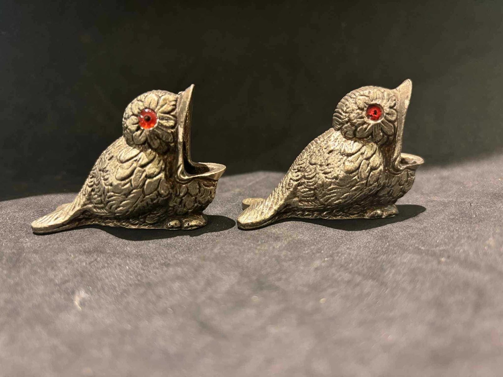 photo vintage Antique Victorian Brass Bird Match Holders | Red Glass Eyes, English Metalware