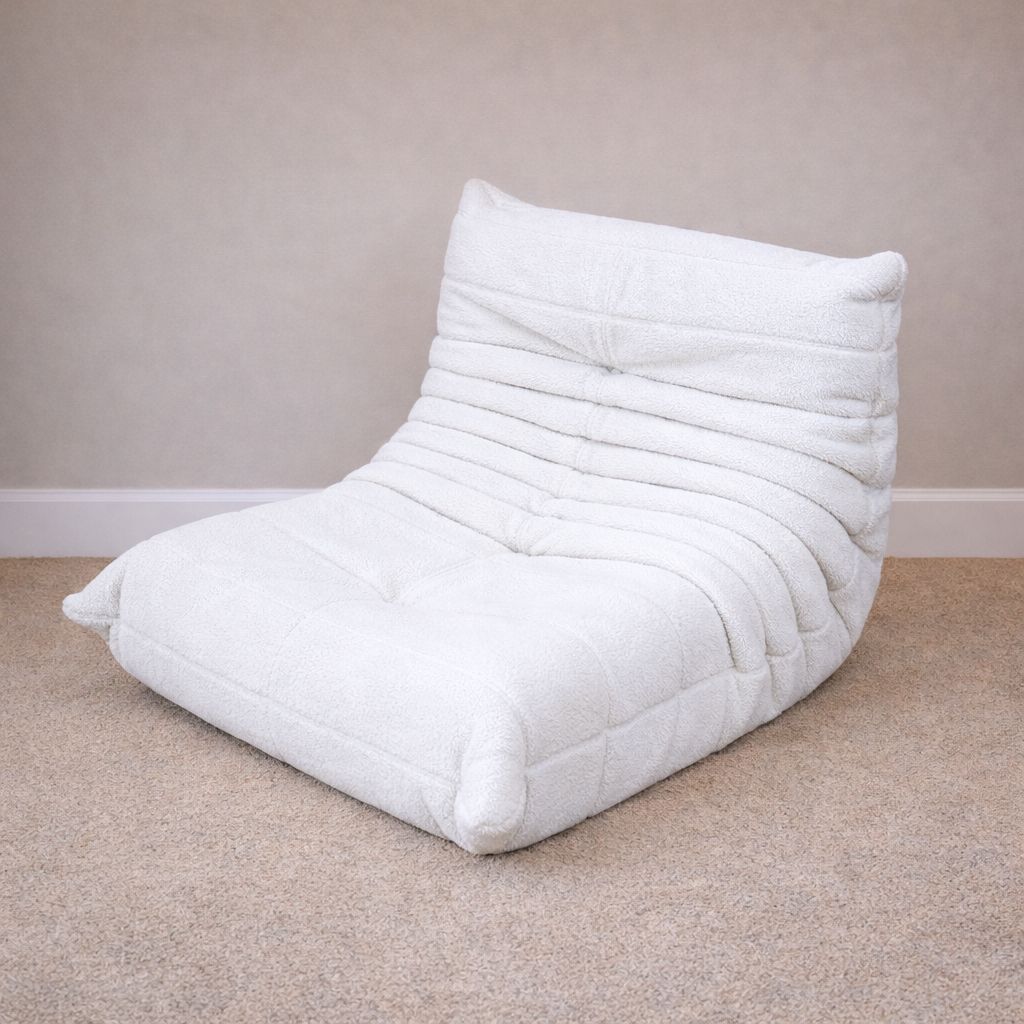 Restored Michel Ducaroy Togo Fireside Single Seater Sofa, White Boucle Upholstery