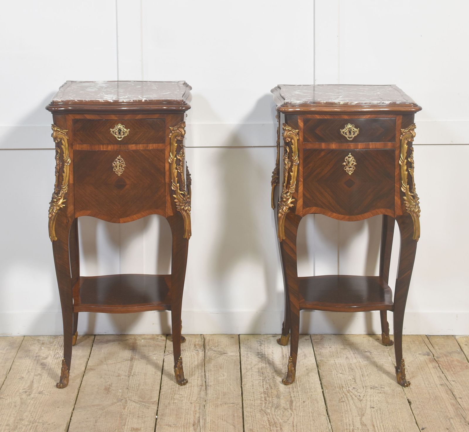 Pair Of Louis XV–Style Marble Top Bedside Cabinets photo vinterior