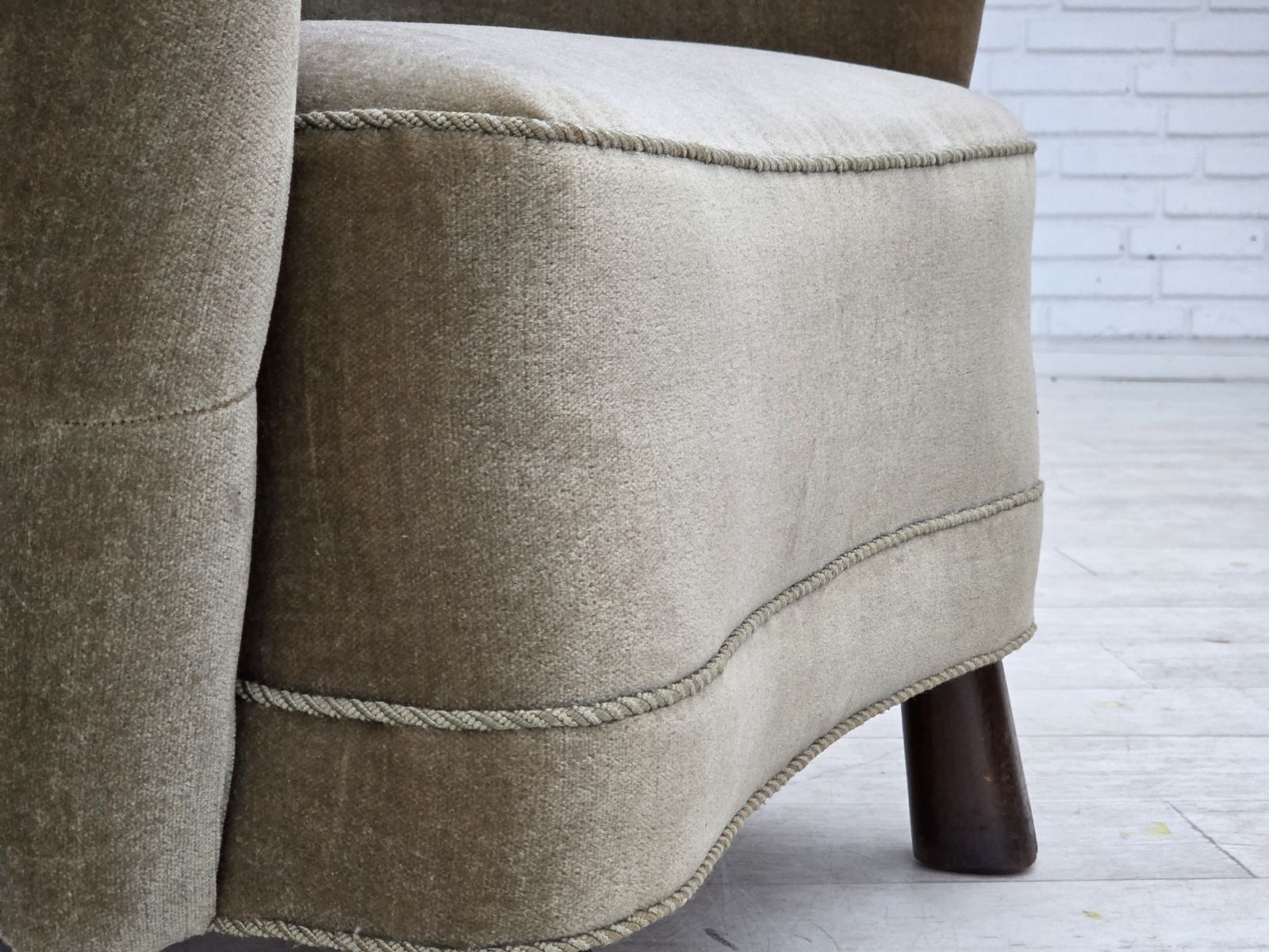 1960s, Danish Armchair, Green Furniture Velour, Oak Wood Legs. photo for sale