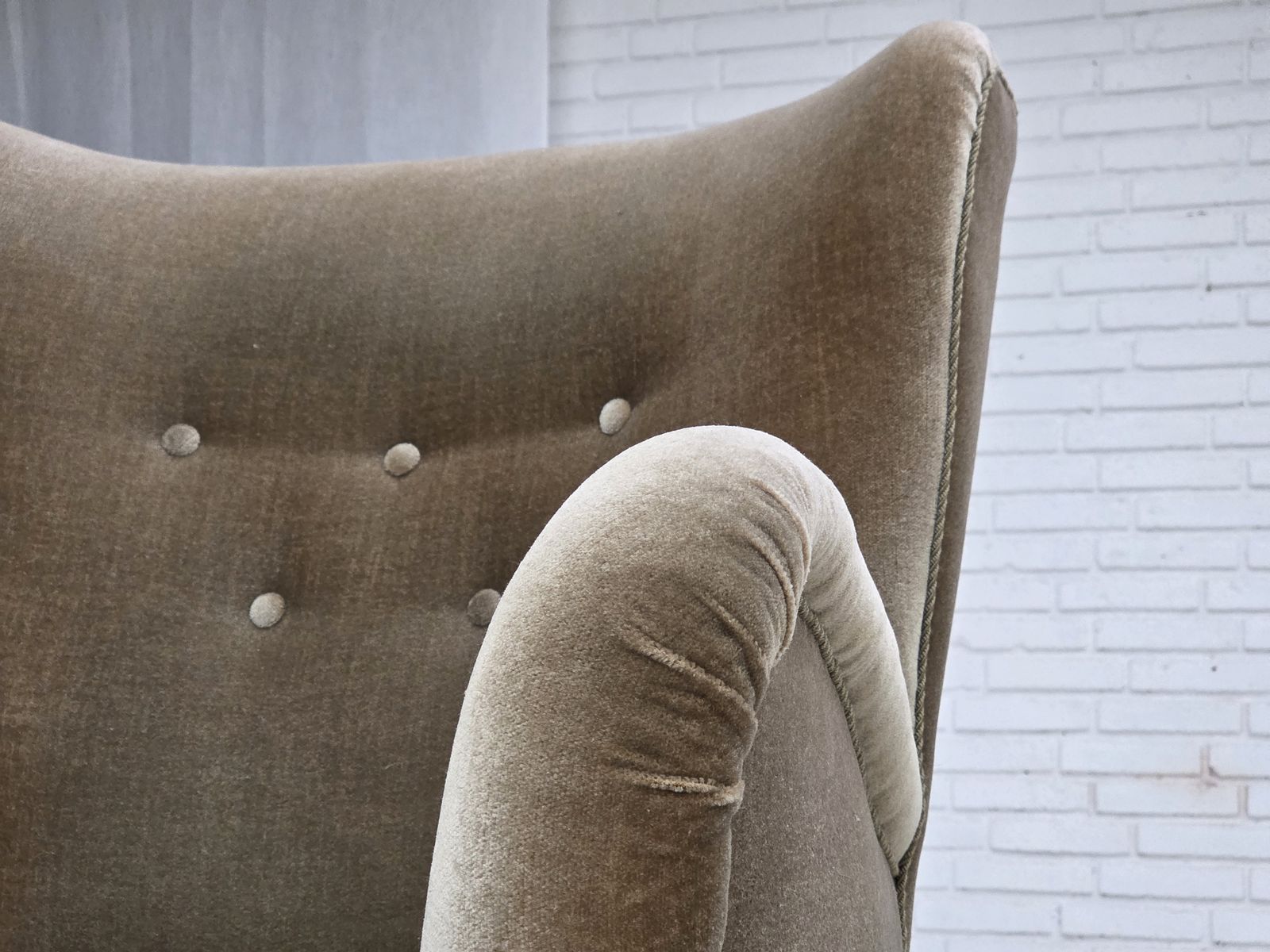 1960s, Danish Armchair, Green Furniture Velour, Oak Wood Legs. photo buy