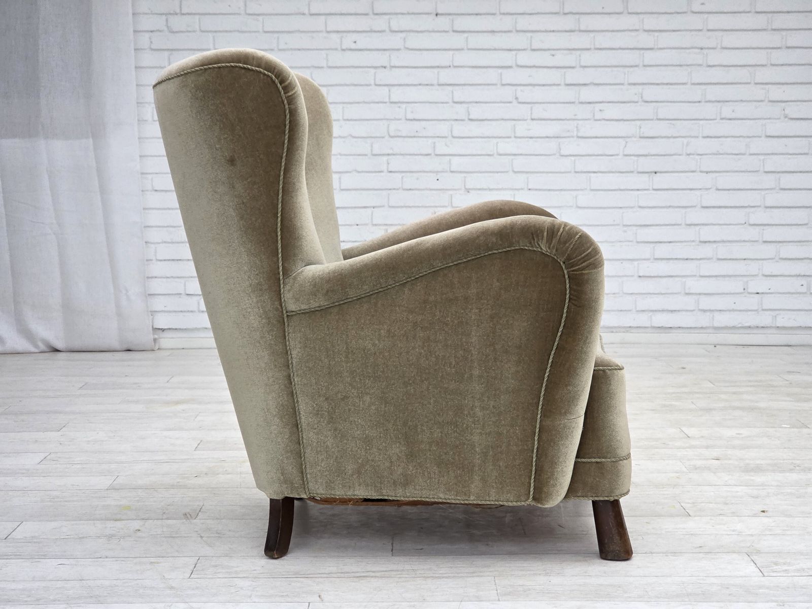 1960s, Danish Armchair, Green Furniture Velour, Oak Wood Legs. photo vintage