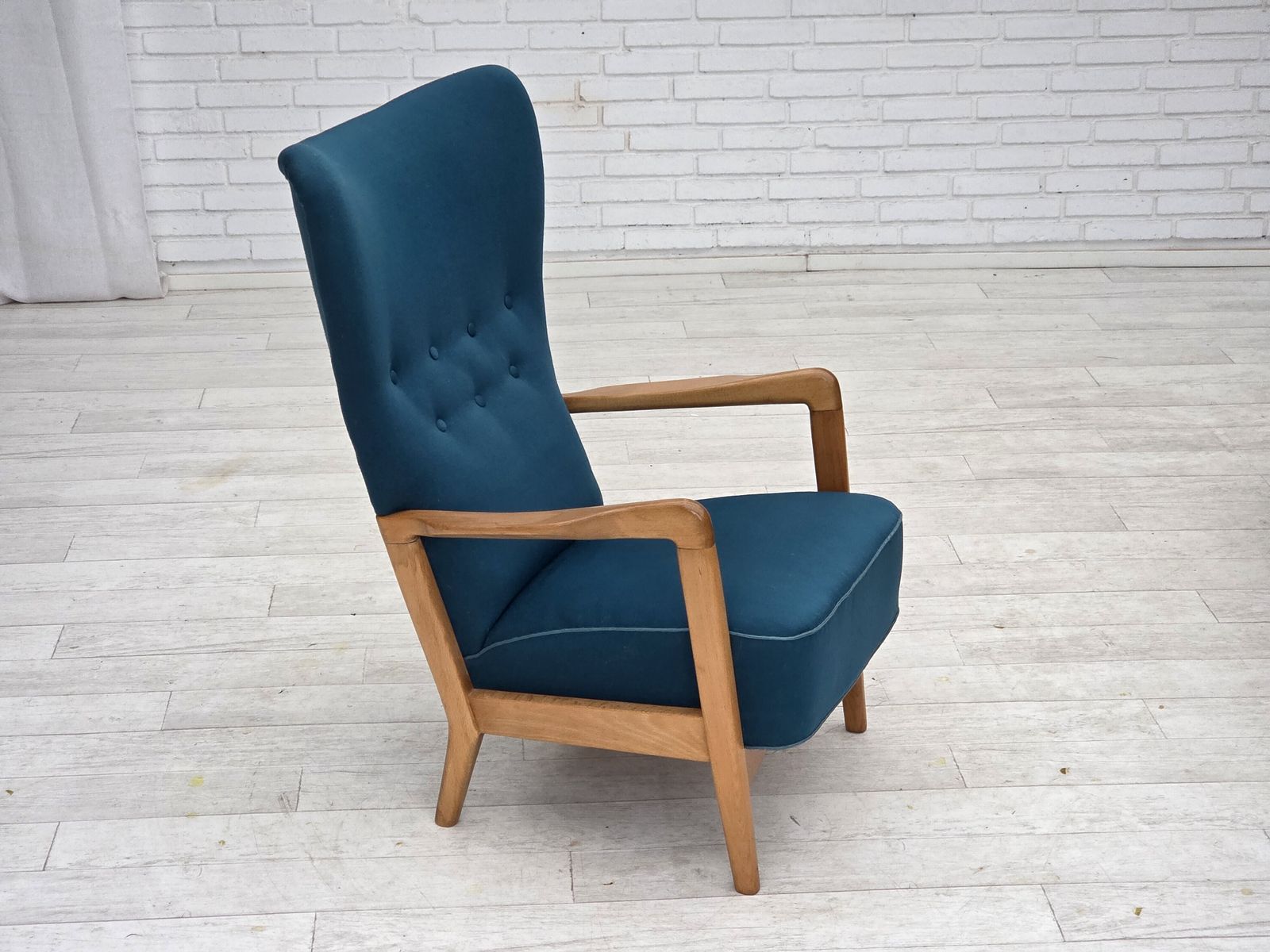 1970s, Danish Armchair By Fritz Hansen, Furniture Wool, Lacquered Beech Wood. photo furniture