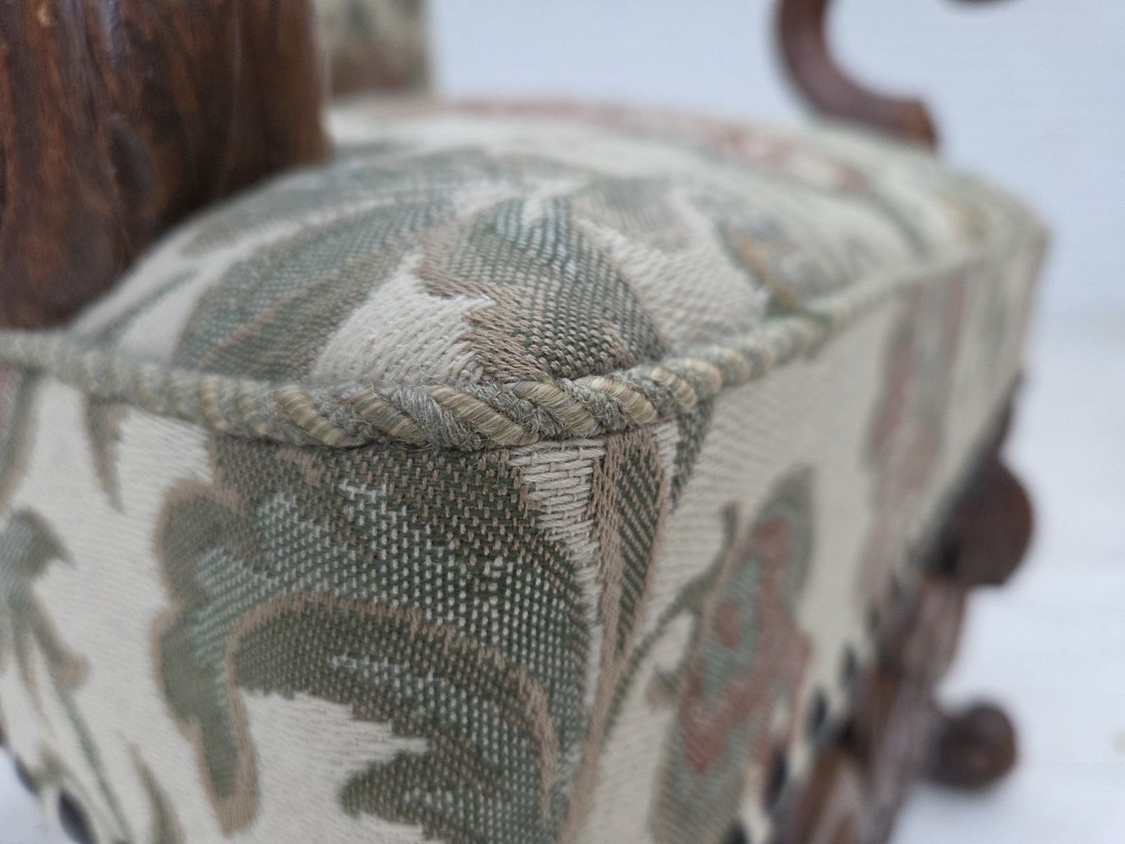 1950s, Scandinavian Highback Armchair, Furniture Fabric, Hand Carved Oak Wood. photo vinterior