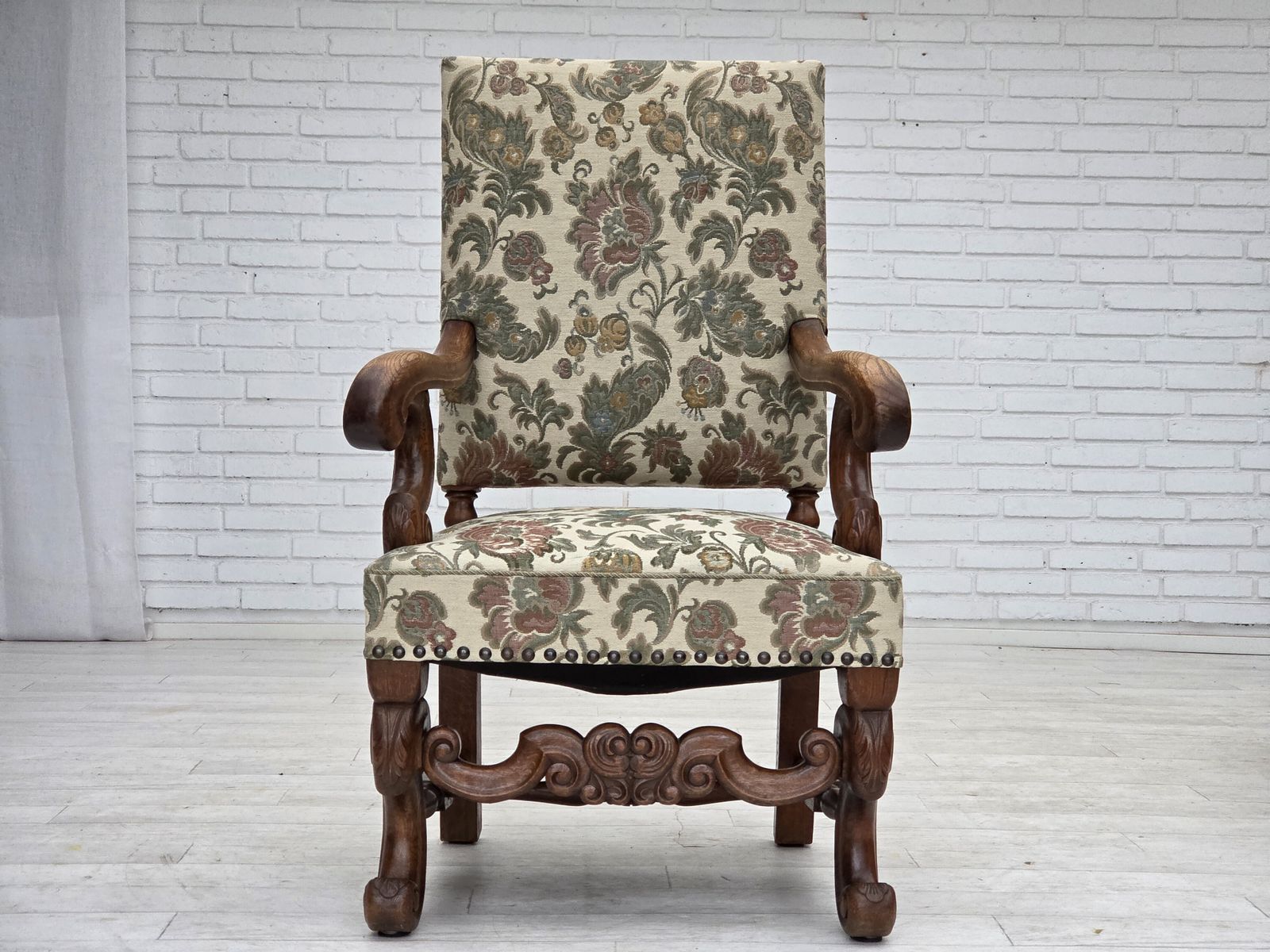 photo furniture 1950s, Scandinavian Highback Armchair, Furniture Fabric, Hand Carved Oak Wood.