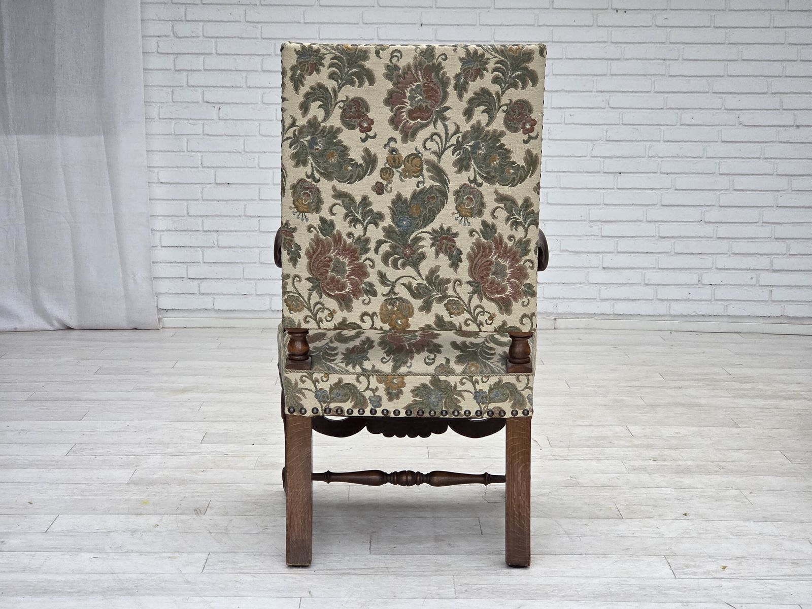 photo buy 1950s, Scandinavian Highback Armchair, Furniture Fabric, Hand Carved Oak Wood.
