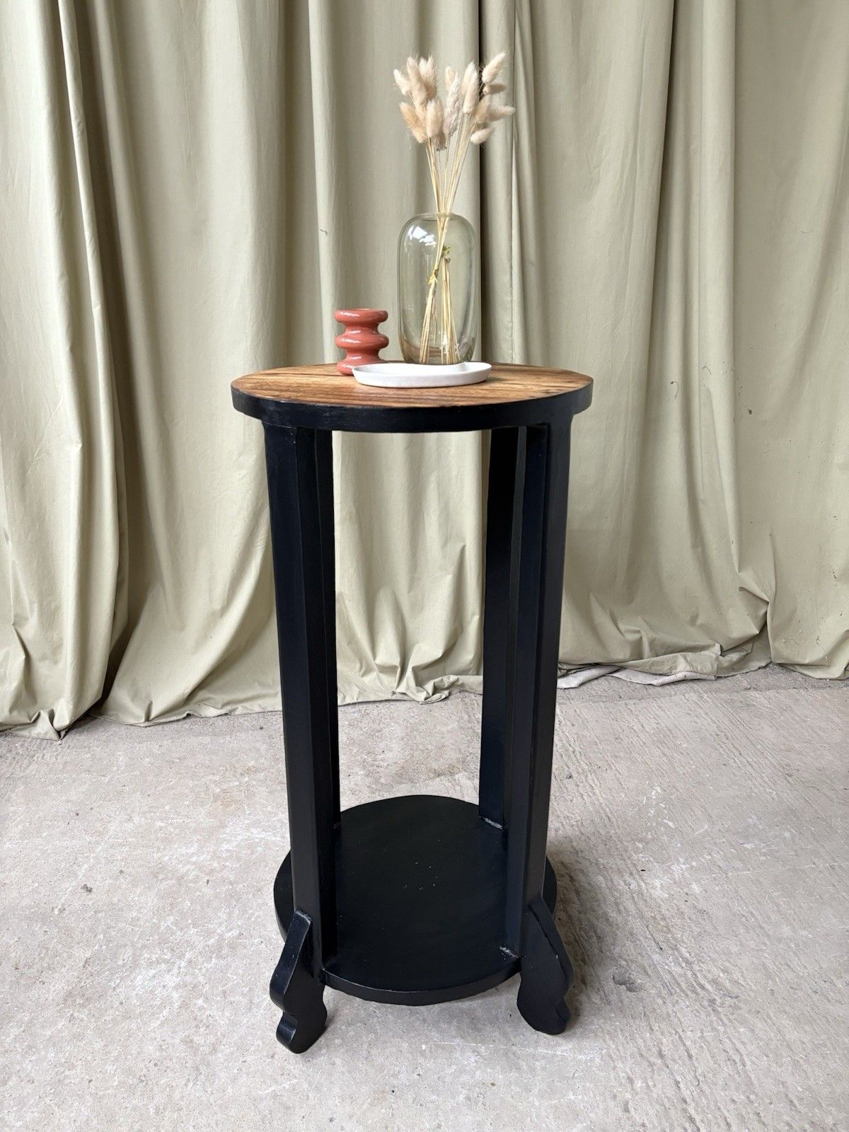 Vtg Antique Painted Black Wooden Plant Side Table Dumbwaiter Pedestal Retro 1040 photo furniture