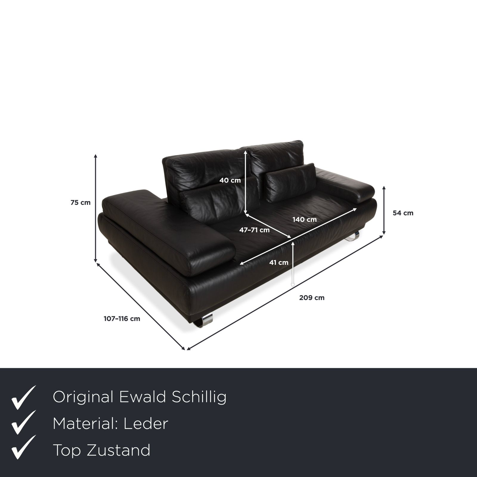Canapé 2 places Ewald Schillig Harry en cuir noir, chromé, fonction manuelle photo furniture